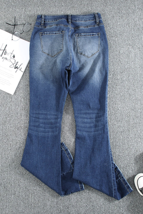 Dark Blue Plus Size Stitching Washed Flare Jeans