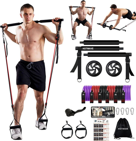 Pilates Bar Kit With Resistance Bands. Fitness Bar With Ab Roller For Abs Workout. Squat Machine.Core Strength Training Equipment.Portable Home Gym For Men And Women