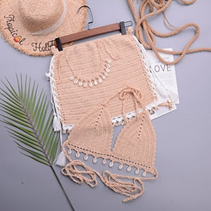 crochet shell tassel bikini top