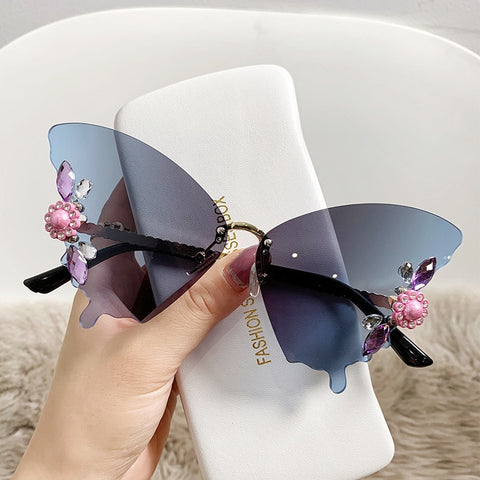 "Vintage Crystal Butterfly Shades: Luxury Rimless Sunglasses"