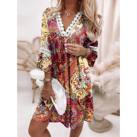 "Floral Elegance: Boho Lace Maxi Dress with V-Neck and Hollow-Out Details"