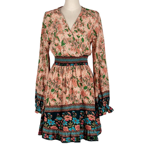 Boho Blossom: Spring Green Floral Mini Dress with Vintage Charm