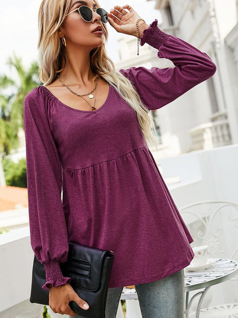 Autumn Elegance: Puff Sleeves Tunic - A Casual and Comfortable V-Neck for Women