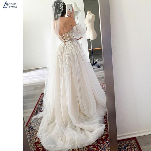 boho wedding dresses detachable puff sleeves bones