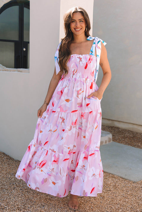 Pink Floral Print Knotted Shoulder Smocked Maxi Dress – Flowing Summer Boho Style