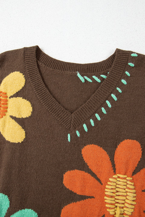 Vintage Floral V-Neck Sweater - Cozy Drop Shoulder Knit for Fall