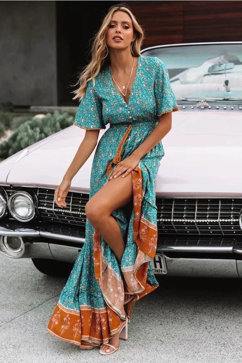 Bohemian V-Neck Maxi Dress – Fall & Winter Boho Long Sleeve Maxi   *