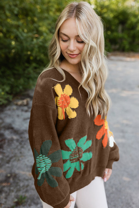 Vintage Floral V-Neck Sweater - Cozy Drop Shoulder Knit for Fall
