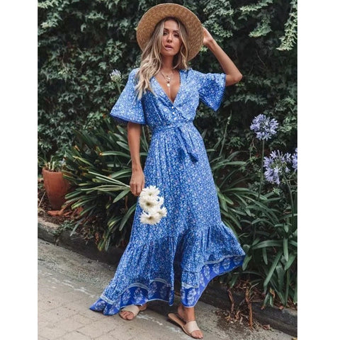 Bohemian V-Neck Maxi Dress – Fall & Winter Boho Long Sleeve Maxi   *
