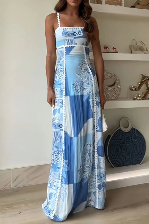 Light blue printed square-neck maxi dress with cutout back
