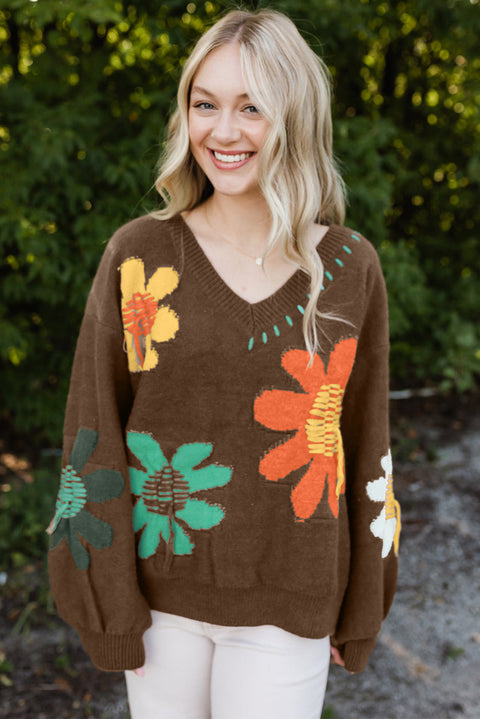 Vintage Floral V-Neck Sweater - Cozy Drop Shoulder Knit for Fall