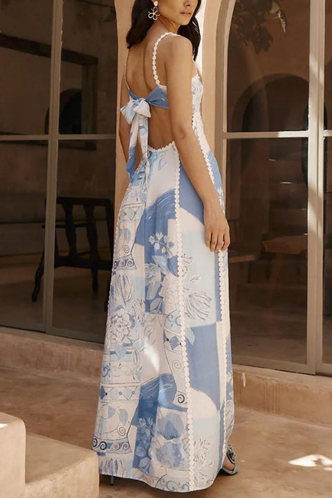 Light blue printed square-neck maxi dress with cutout back