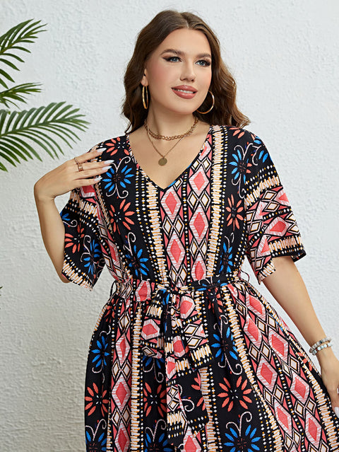 Honey plus-size multicolor V-neck tie-belt midi dress