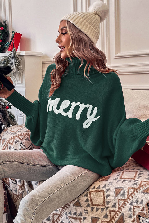 Red or Green Merry Letter Embroidered High Neck Sweater