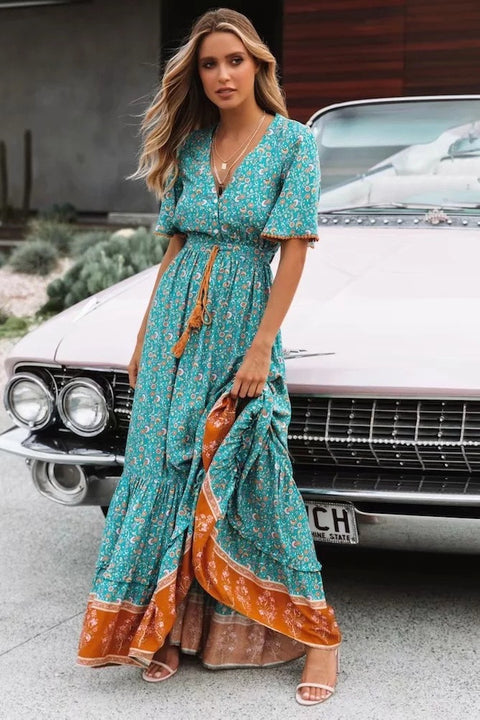 Bohemian V-Neck Maxi Dress – Fall & Winter Boho Long Sleeve Maxi   *