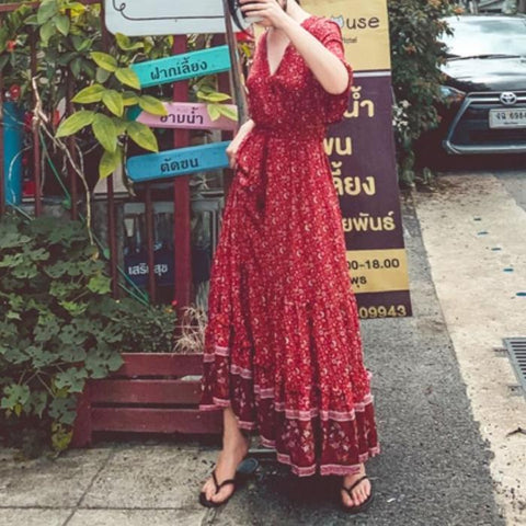 Bohemian V-Neck Maxi Dress – Fall & Winter Boho Long Sleeve Maxi   *