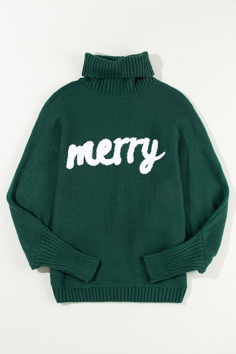 Red or Green Merry Letter Embroidered High Neck Sweater