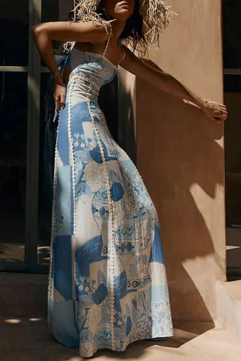 Light blue printed square-neck maxi dress with cutout back