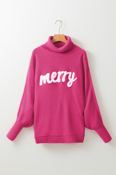 Red or Green Merry Letter Embroidered High Neck Sweater