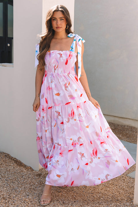 Pink Floral Print Knotted Shoulder Smocked Maxi Dress – Flowing Summer Boho Style