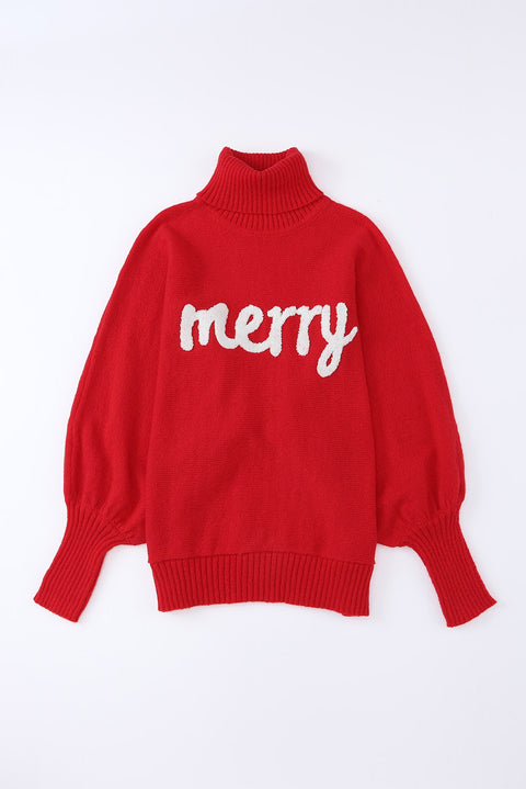 Red or Green Merry Letter Embroidered High Neck Sweater
