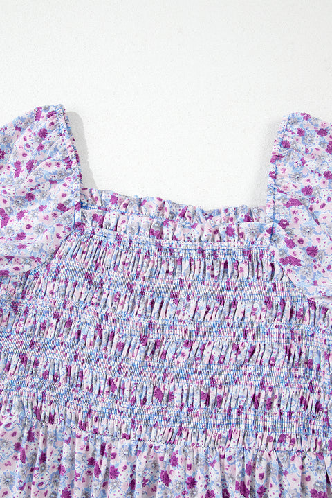 Purple Floral Short Bubble Sleeve Shirred High Waist Maxi Dress