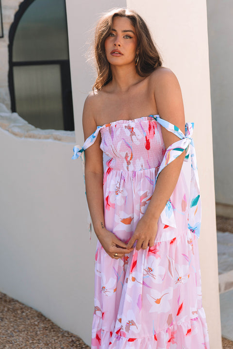 Pink Floral Print Knotted Shoulder Smocked Maxi Dress – Flowing Summer Boho Style