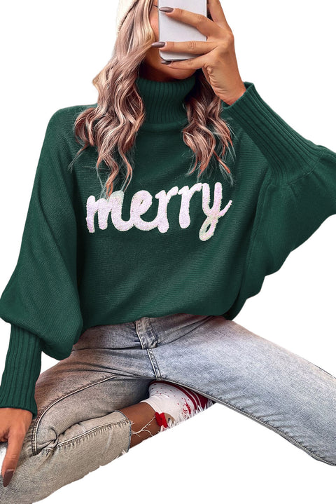 Red or Green Merry Letter Embroidered High Neck Sweater