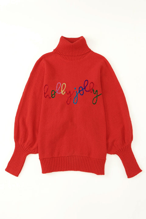 Red or Green Merry Letter Embroidered High Neck Sweater