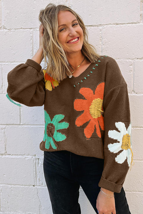 Vintage Floral V-Neck Sweater - Cozy Drop Shoulder Knit for Fall