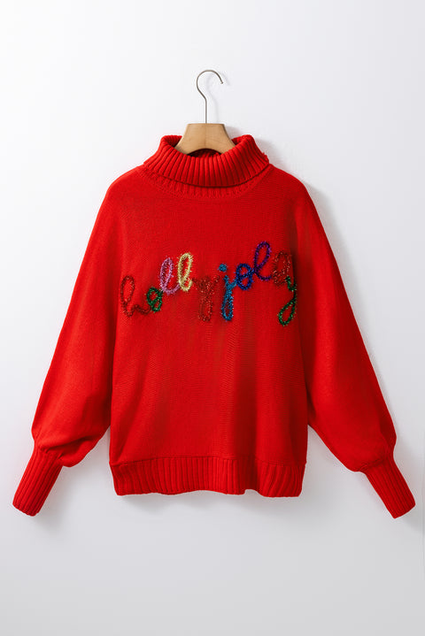 Red or Green Merry Letter Embroidered High Neck Sweater