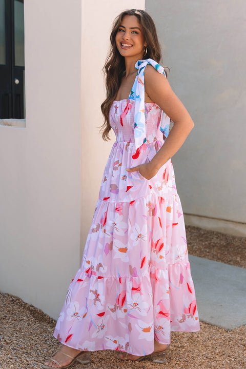 Pink Floral Print Knotted Shoulder Smocked Maxi Dress – Flowing Summer Boho Style