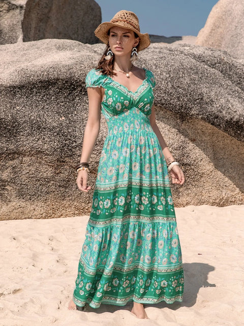 Green printed smocked V-neck maxi dress
