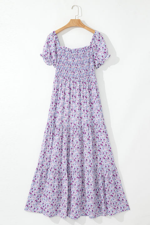Purple Floral Short Bubble Sleeve Shirred High Waist Maxi Dress