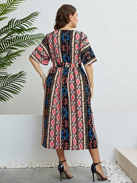 Honey plus-size multicolor V-neck tie-belt midi dress