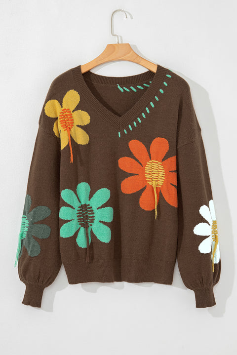Vintage Floral V-Neck Sweater - Cozy Drop Shoulder Knit for Fall