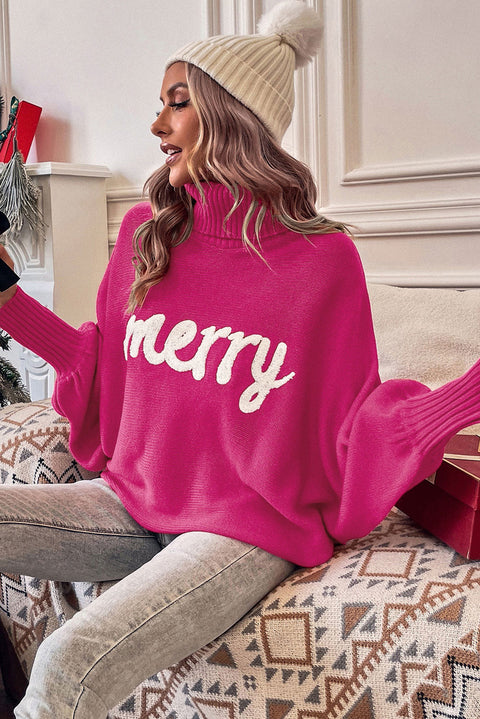 Red or Green Merry Letter Embroidered High Neck Sweater
