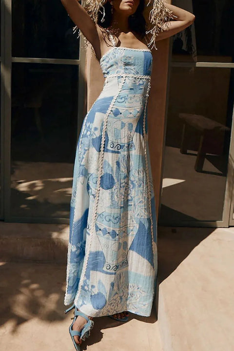 Light blue printed square-neck maxi dress with cutout back