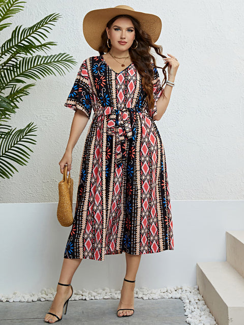 Honey plus-size multicolor V-neck tie-belt midi dress