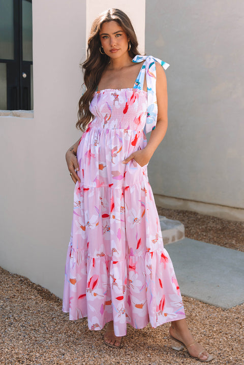 Pink Floral Print Knotted Shoulder Smocked Maxi Dress – Flowing Summer Boho Style